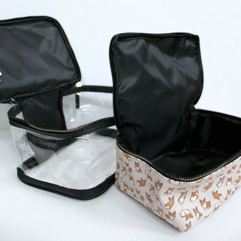 Corgi 2-Pieces Makeup Bag Set Clear and Corgi Print
